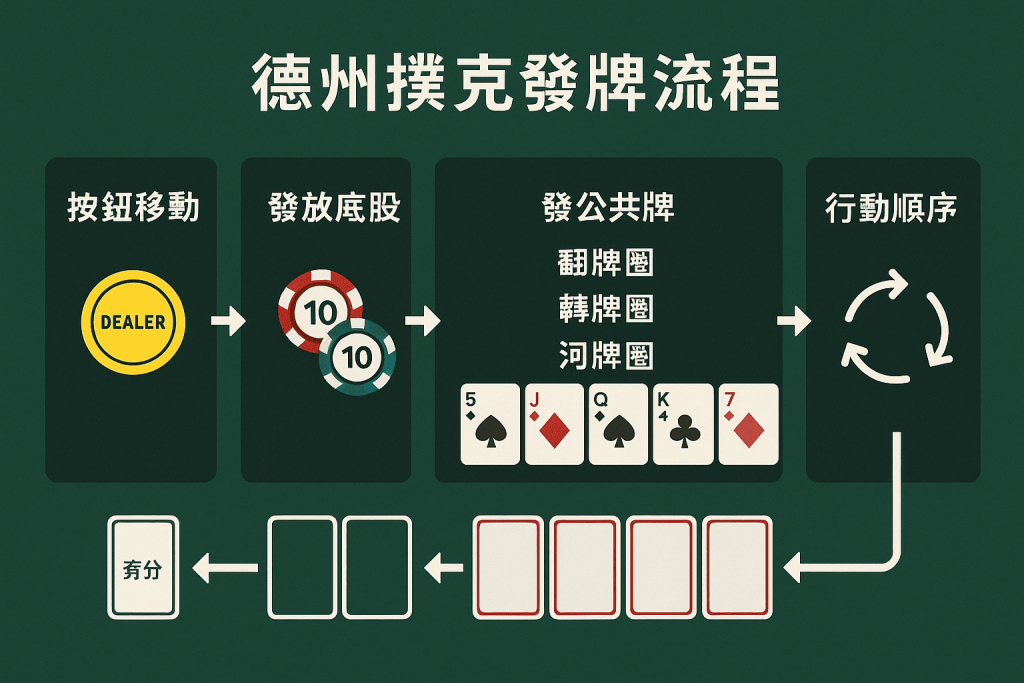德州撲克發牌與遊戲流程示意圖
